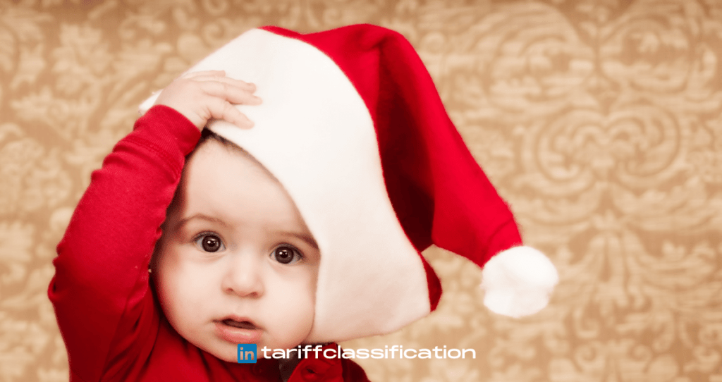 A baby wearing a novelty santa hat.
